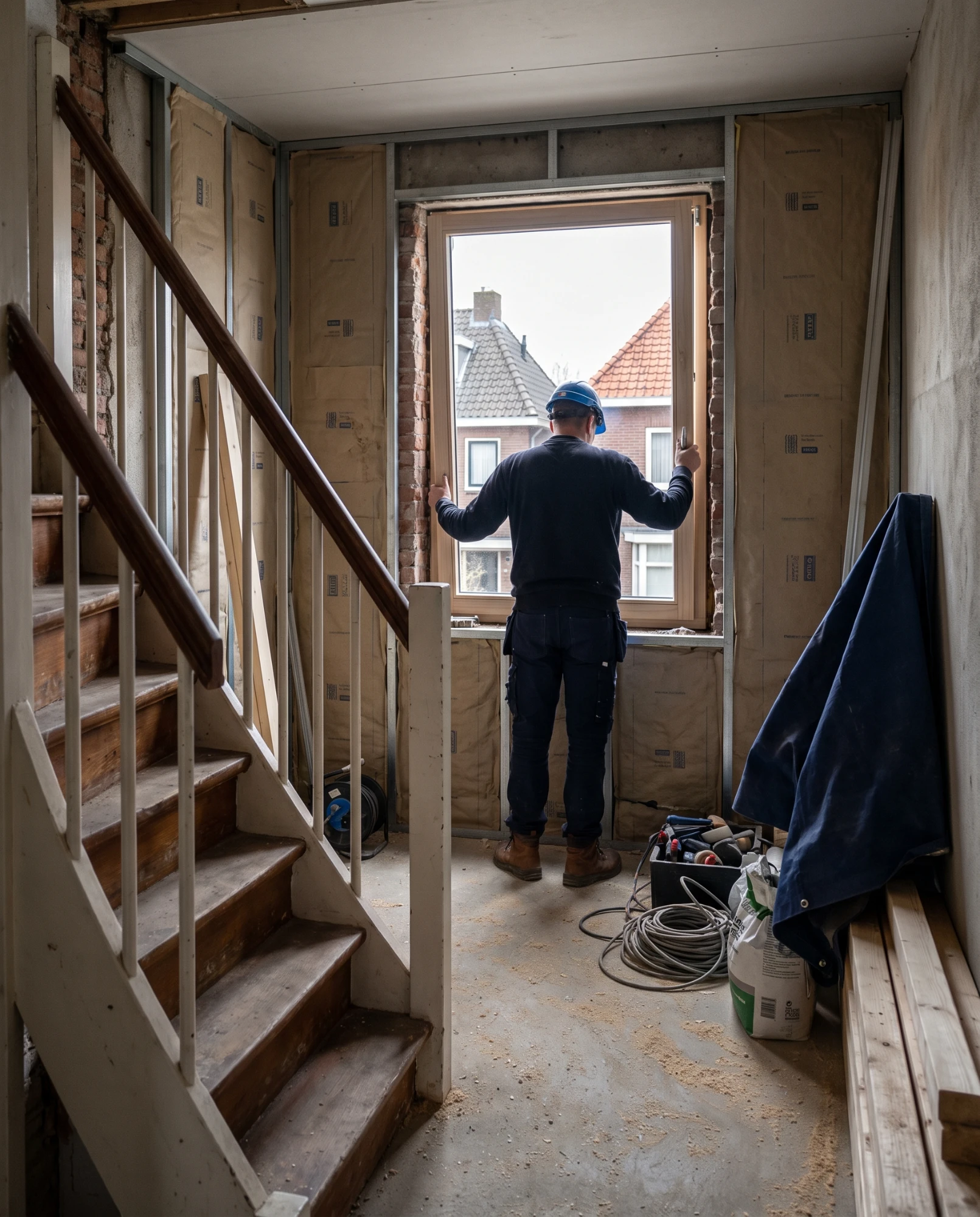 Timmerman plaatst een nieuw kozijn in een woning die gerenoveerd wordt